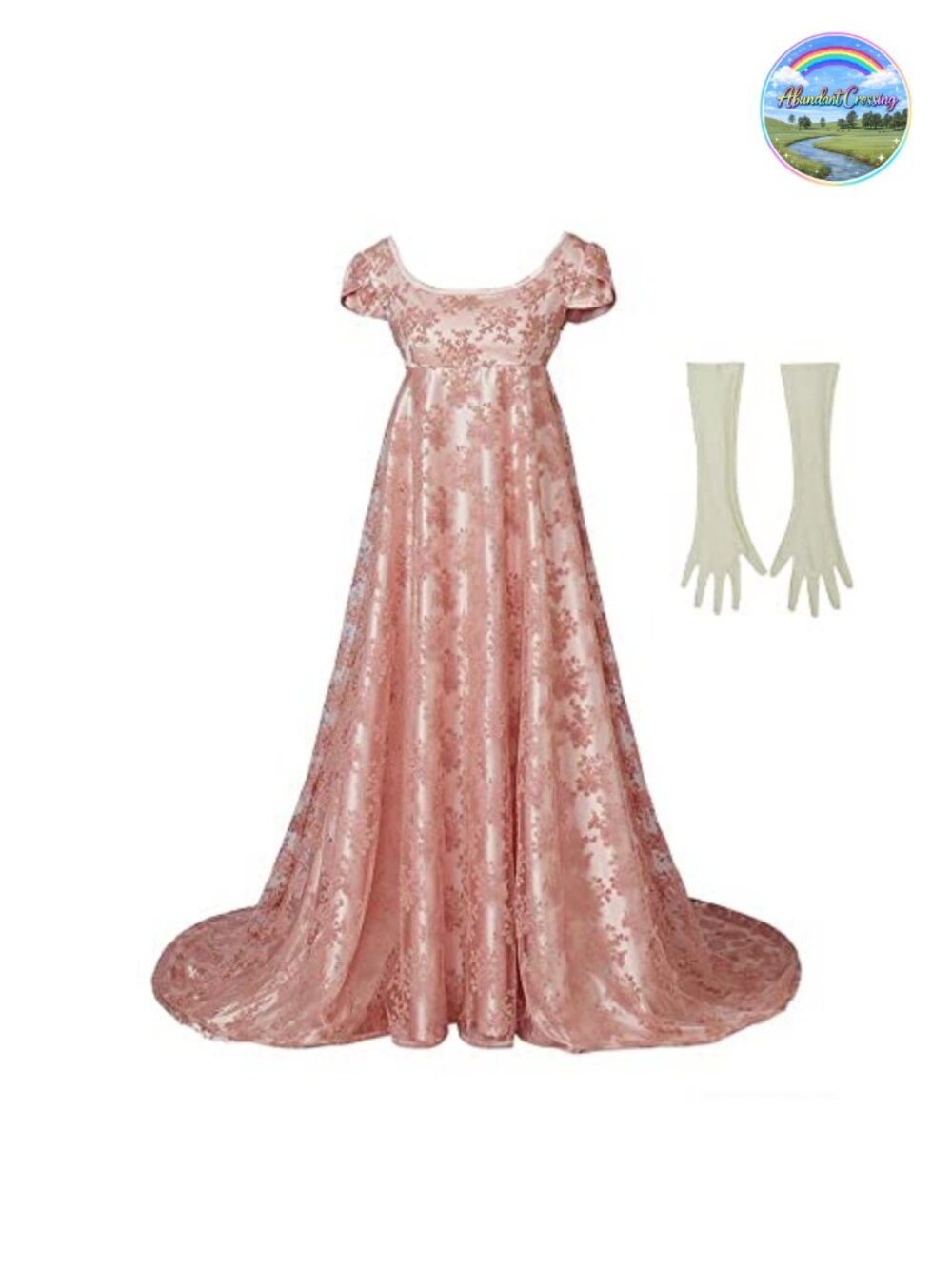 Floral High Neck Regency A-Line Dress with Gloves Cosplay Costume
